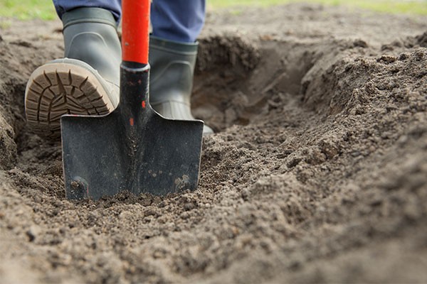 person with foot on shovel in the dirt
